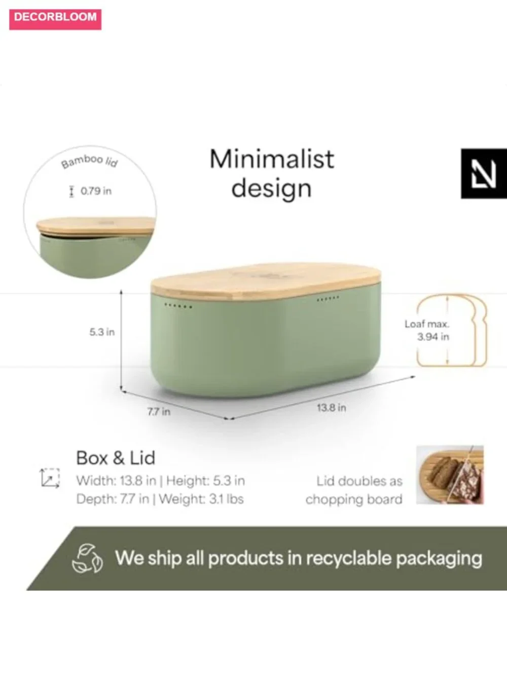 Minimalist Bread Box with Bamboo Cutting Board Lid, Air Ventilation, Large